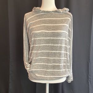 Gray and White Striped lightweight hooded sweatshirt with kangaroo pocket